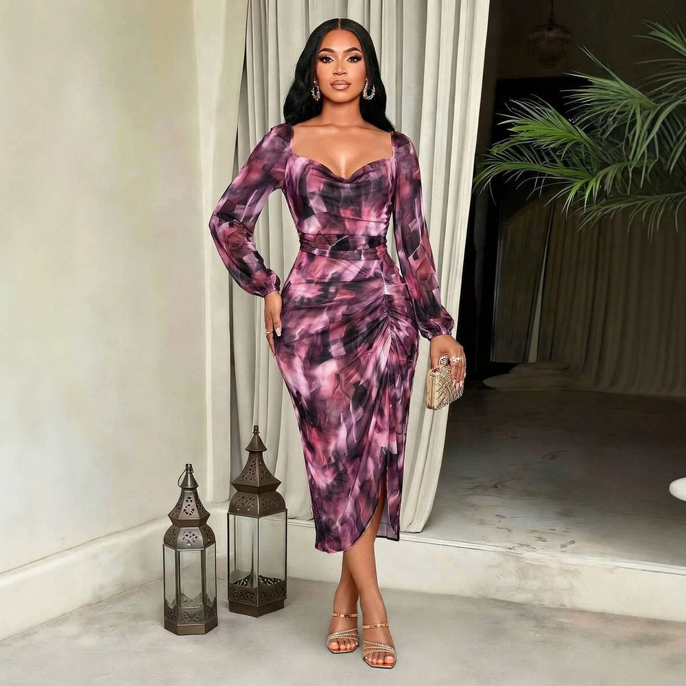 Women's tie-dye print slim-fit midi dress, autumn elegant beach vacation