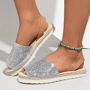 Export sequinflats fish mouth sandals women's fashionplus size shiny open toe soft bottom sandals cross-border export shoes wholesale