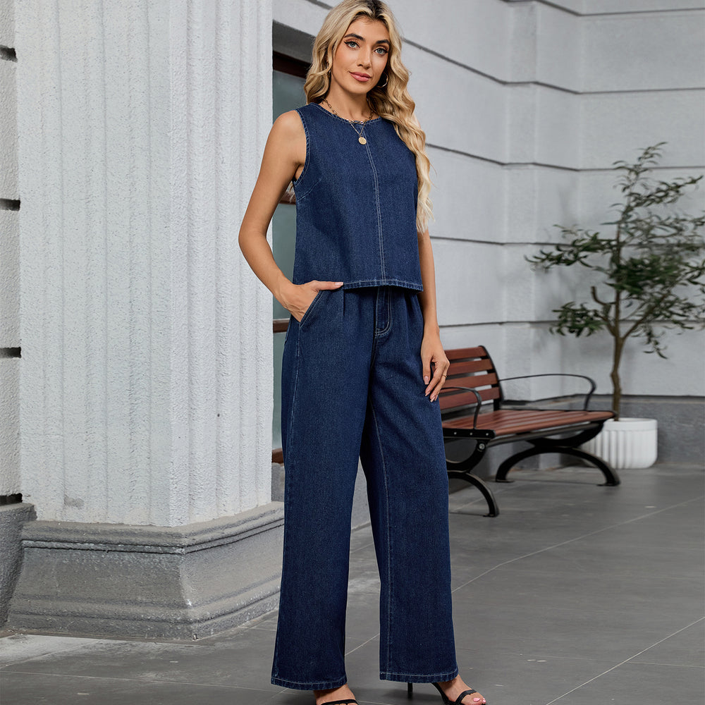 European and american cross-border e-commerce women's autumn new arrivals:  independent store washed solid color denim top and pants set
