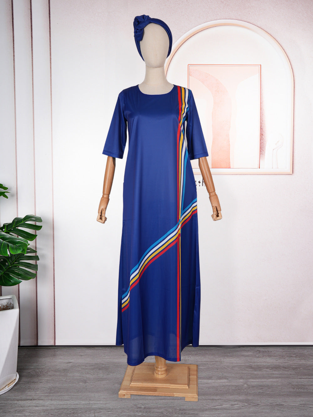 Aliexpress  cross-border supply african plus size european and american women's clothing colorfulstripesdress with headscarf