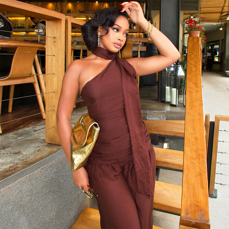 European and american women's clothing  autumn new collection: sweet and fresh tie-up one-shoulder halter high-waisted wide-leg jumpsuit pants