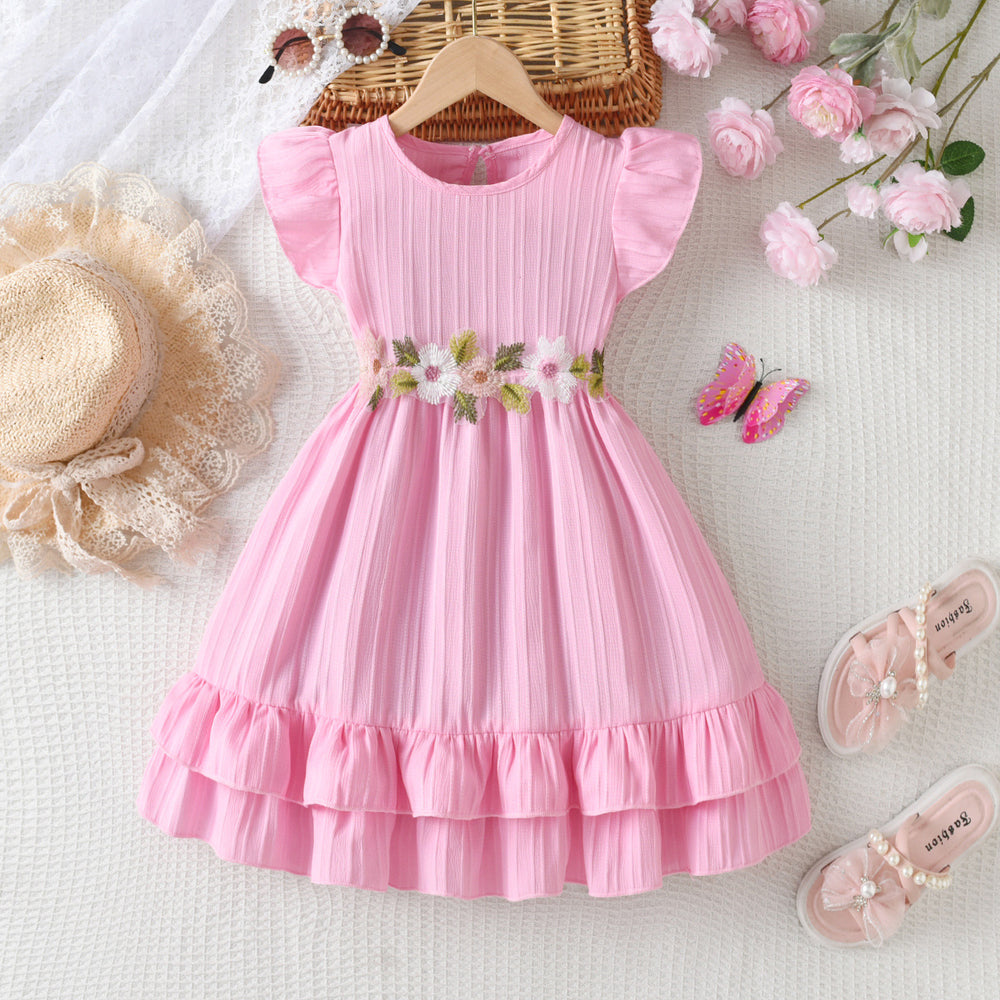 Girls' summer pink dress for export: flutter sleeves, ruffle trim, floral embroidery, belted waist, double-layered skirt, princess style