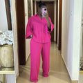 European and american cross-border african women's clothing  spring/summer new fashion solid color turn-down collar loose shirt high-waisted pants set