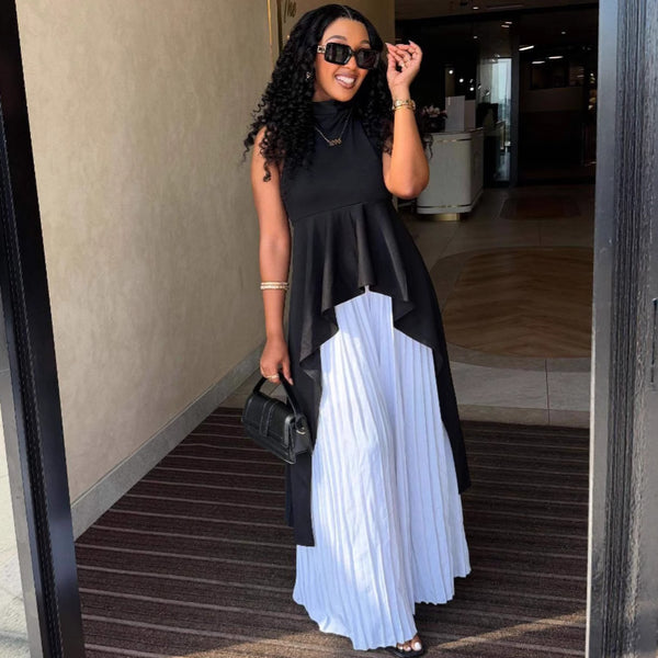 European and American style fashion casual suit sleeveless vest top pleated skirt African irregular two-piece women's clothing
