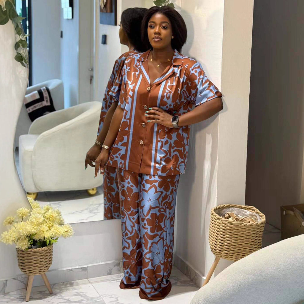 European and American large-size suit, suit collar, positioning printed cardigan shirt, African women's casual trousers, new two-piece set