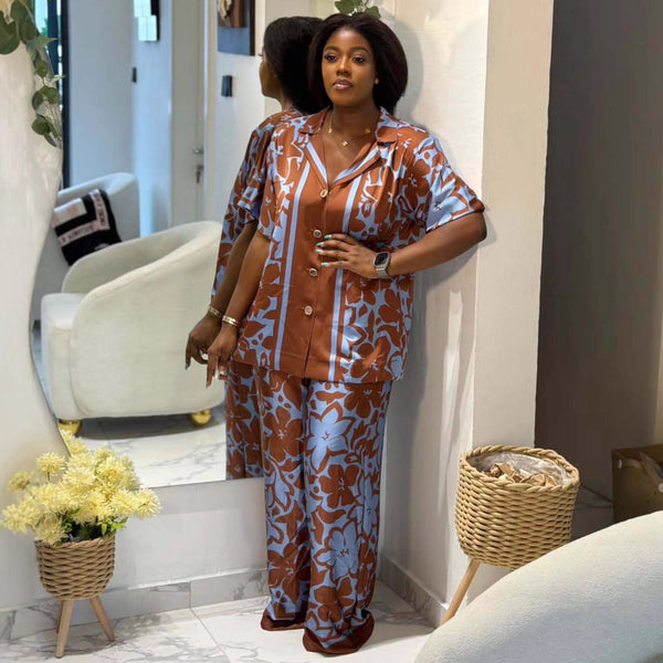 European and American large-size suit, suit collar, positioning printed cardigan shirt, African women's casual trousers, new two-piece set
