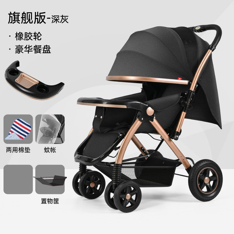 High-view stroller, convertible reclining, foldable four-wheel shock absorbing pram, two-way baby stroller for infants and toddlers