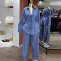 European and american cross-border women's fashion:  autumn new collection - stylish lapel blue striped shirt and wide-leg pants casual set