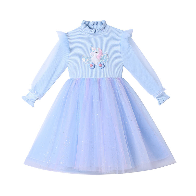 Girls' stylish dress elsa princess dress  new autumn and winter knitted sweater children's skirt mesh gradient