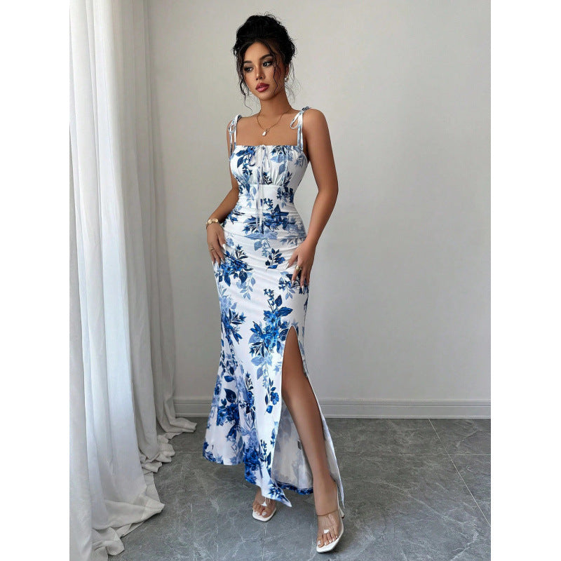 Women's printed spaghetti strap maxi dress with cinched waist and slit – elegant spring/summer outfit for evening events and vacations