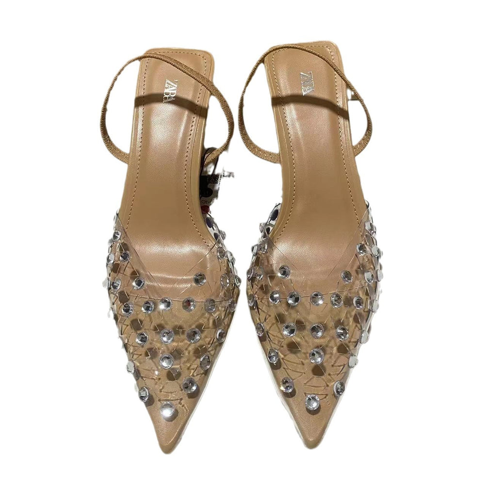 Za baotou transparent sandals women's 2024 new rhinestone fashioneleganteasiest for match pointed toe high heels
