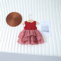 Girls' summer  new sweet princess red plaid patchwork cake vest dress sleeveless princess tutu dress