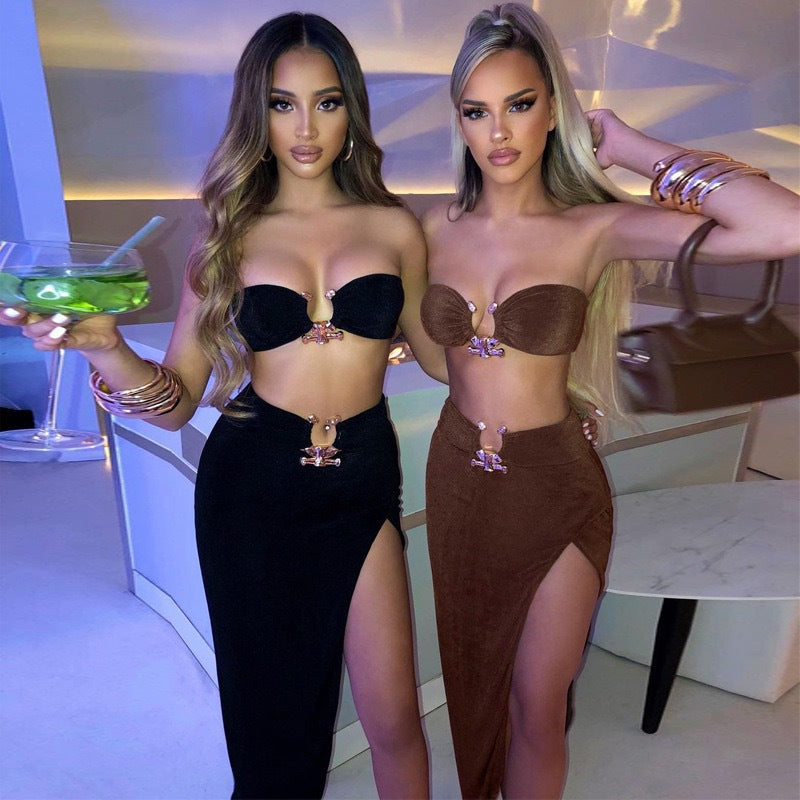 Amazon  independent station cross-border best selling  new women's sexy slit skirt metal buckle tube top