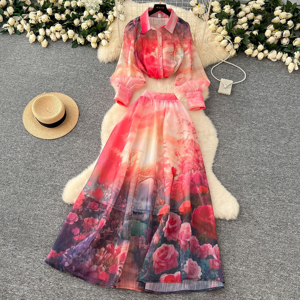 Elegant and chic printed set for women: european and american style lantern sleeve button-down blouse + high-waisted flared midi skirt