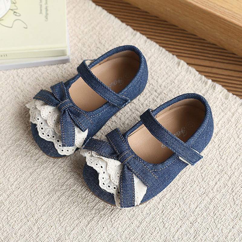 Girls' korean style leather shoes - new spring/autumn collection - bow accent, fashionable princess shoes for toddlers and young children, velcro closure, loafers