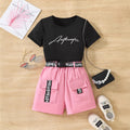 Clearance! girls' graphic print short-sleeve top + webbing cargo shorts set - big girls' style - clearance item