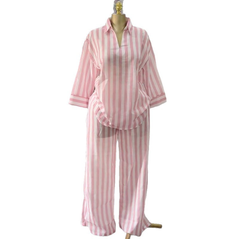 European and american cross-border women's fashion:  summer new arrival - stylish turn-down collar, loose fit pink striped shirt and wide-leg pants set