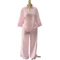 European and american cross-border women's fashion:  summer new arrival - stylish turn-down collar, loose fit pink striped shirt and wide-leg pants set