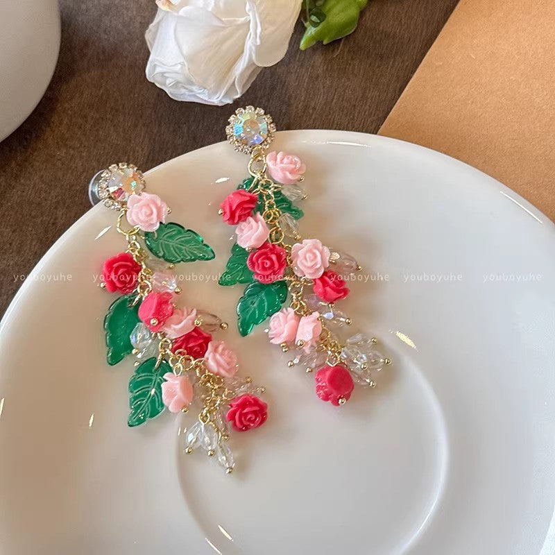 French pink girly rose flower earrings - forestcore dopamine vacation style tassel studs - light luxury ear jewelry