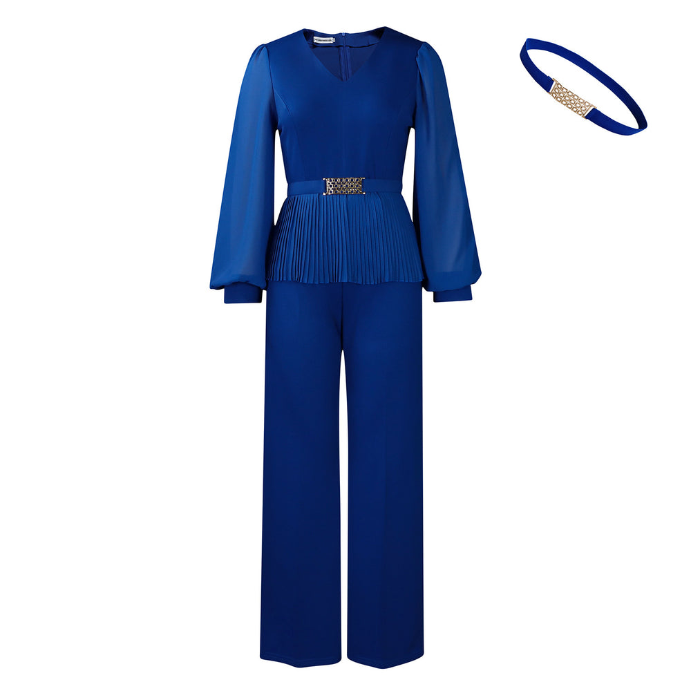 D555 cross-border women's elegant & chic office outfit: v-neck long sleeve ruched waist top & wide leg pants set