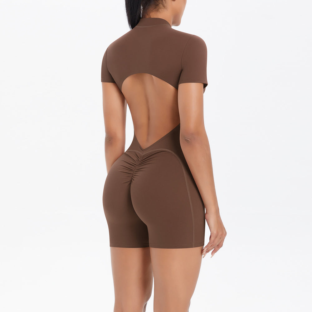 New arrival cross-border fashionpure color zipper beautiful back tight one-piece yoga wear breathable sports running fitness jumpsuit