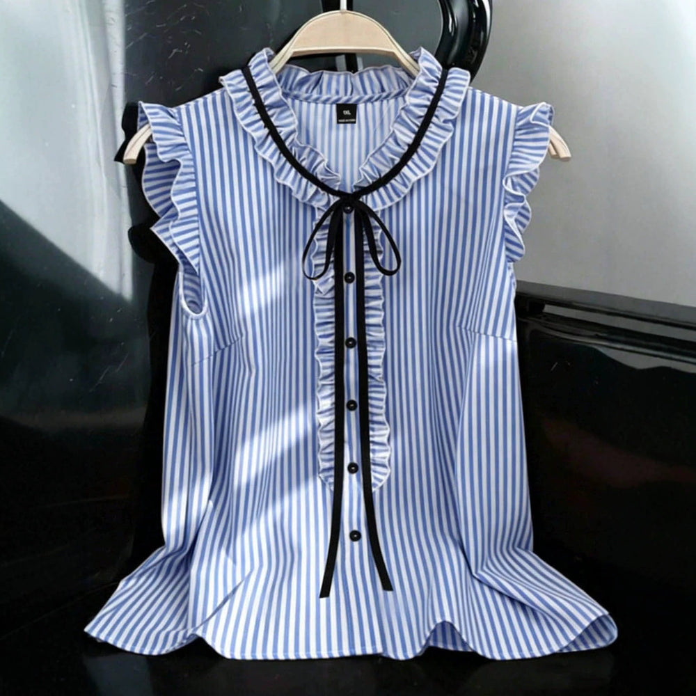 Export gentle wind stripesplus size shirt lotus leaf flying sleeves v neck black ribbon bowsslimming look sleeveless tops