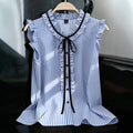 Export gentle wind stripesplus size shirt lotus leaf flying sleeves v neck black ribbon bowsslimming look sleeveless tops