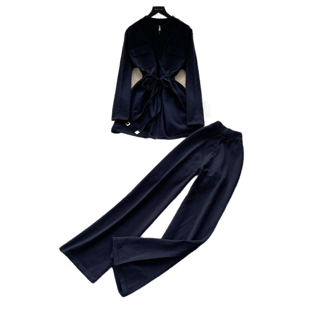Commuting style strap waist knittingtopsloose pantstwo-piece setfemaleautumslimslimming look workplace suit outfit