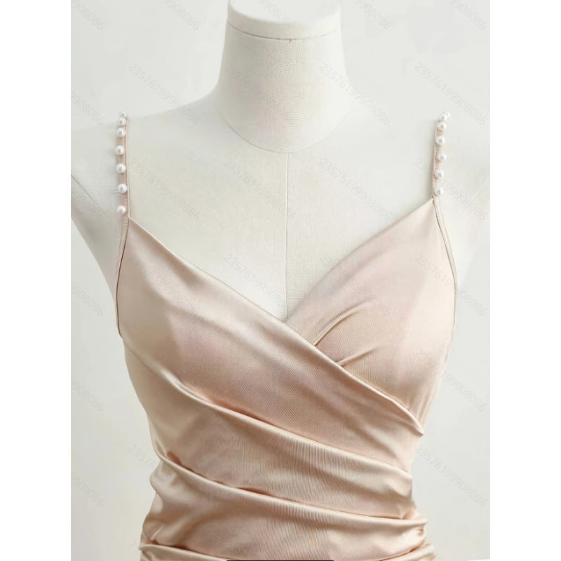 Women's summer new arrival: elegant solid color criss-cross neck pearl-embellished slit midi slip dress with buttoned waist