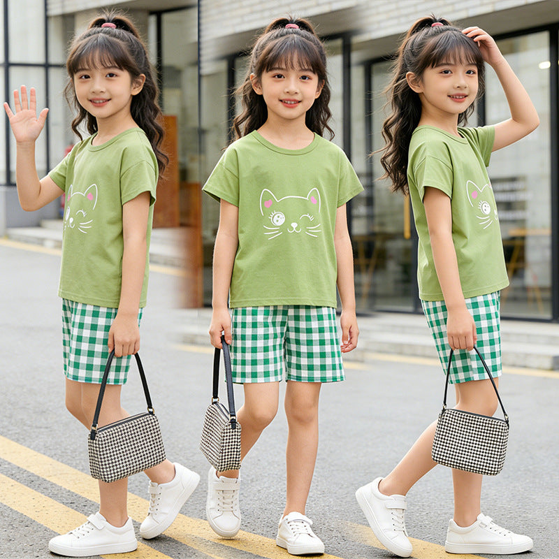 Girls' summer outfit set  new style: girls' shorts and top two-piece set for mid-to-large children, sweet summer style