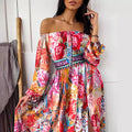 2025 spring/summer new collection: european & american style printed evening gown - v-neck, pullover, vintage long sleeve, high slit maxi dress