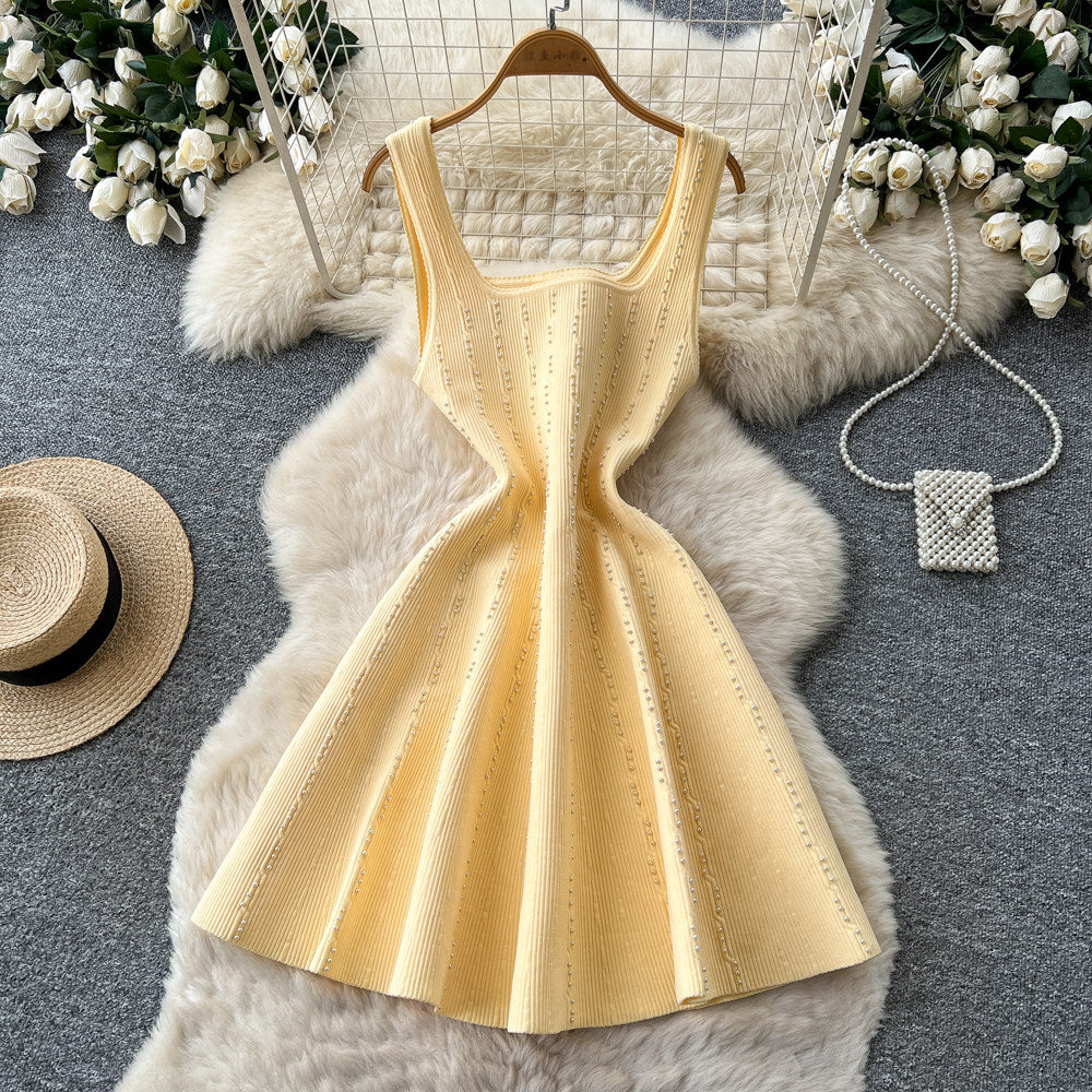 french chic sleeveless a-line knit mini dress - summer pearl embellished versatile dress