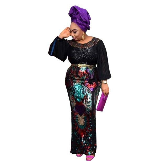sourcing:  spring/autumn stretchy, elegant, plus-size, high-waisted, round neck, pullover, sequined bodycon maxi dress with belt