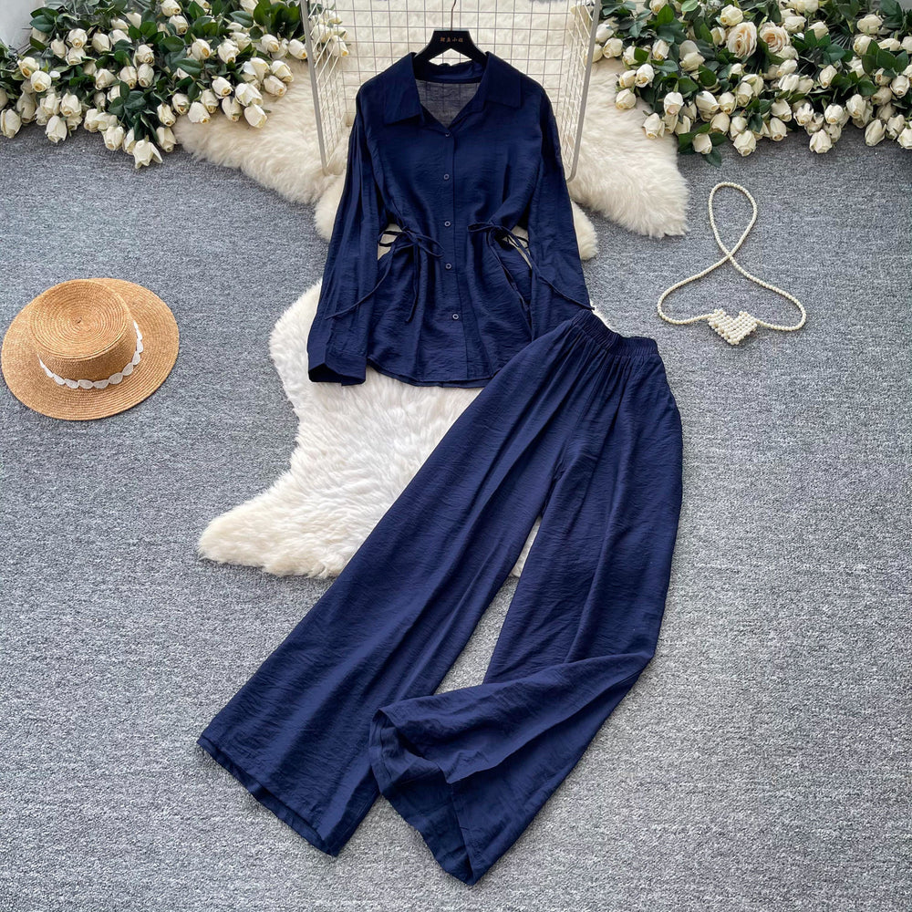 Lazy style pink shirt loose pantstwo-piece set female spring autum light mature waist tie backfashionableelegantsuit