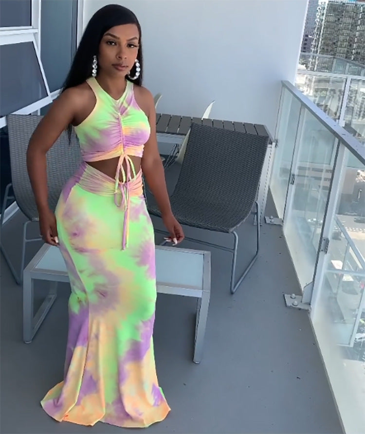 Fashion cross-border women's clothing  new foreign trade sexy hot girl tie-dye pleated sleeveless vest floor-length skirt suit