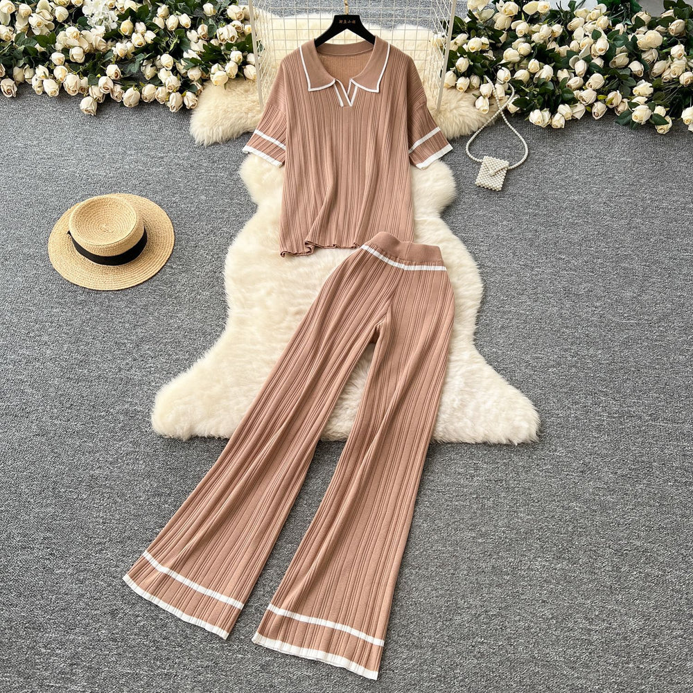 Korean style retro fashion color block turn-down collar short sleeve knit top + high waist casual wide leg pants  summer set