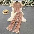 Korean style retro fashion color block turn-down collar short sleeve knit top + high waist casual wide leg pants  summer set