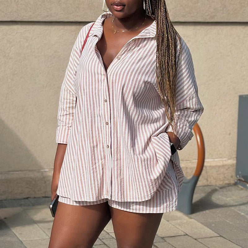 European and american women's clothing  autumn new collection: sweet and fresh striped turn-down collar long-sleeve shirt and high-waisted shorts two-piece set