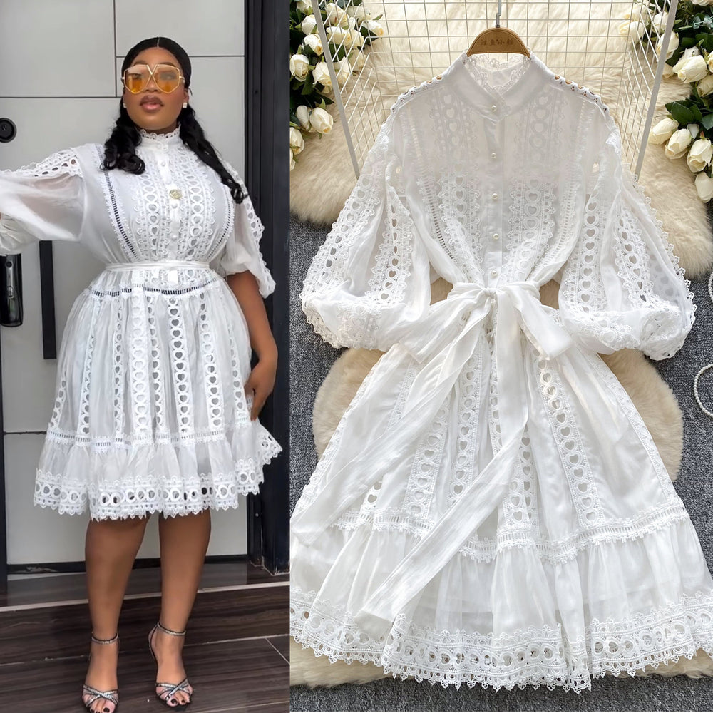 spring/summer new arrival: lantern sleeve vintage hollow-out lace patchwork single-breasted loose tie-waist mini dress for women