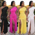 C7662 cross-border   fashion women's sexy sleeveless slant neck slim-fit slit dress