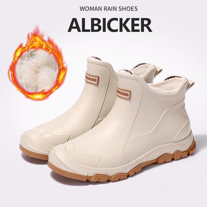 Men's rain boots - autumn/winter outdoor fishing waterproof short boots - men's non-slip kitchen/takeout water shoes - fleece-lined cotton boots