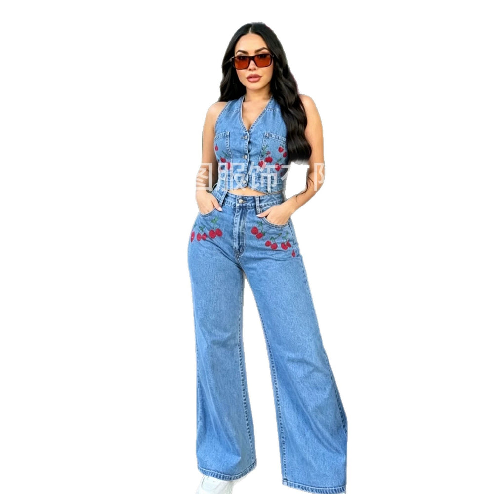 European and american cross-border e-commerce  summer new fashion casual sleeveless printed vest denim pants set wide-leg pants