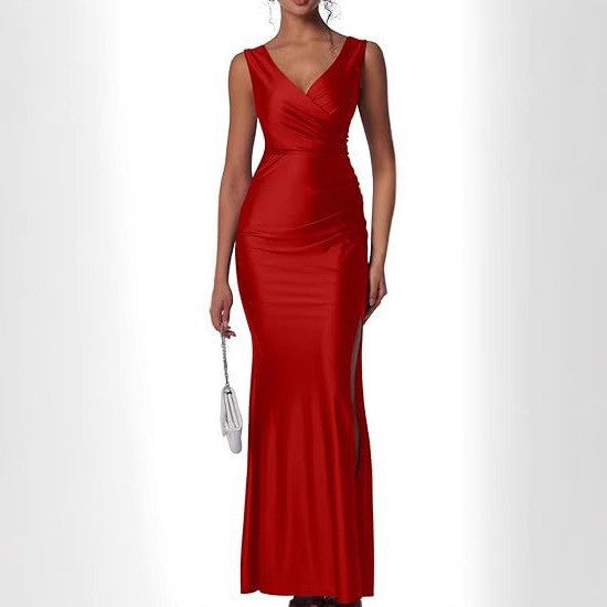 European and american slim-fit solid color chic sexy foreign trade slit satin dress