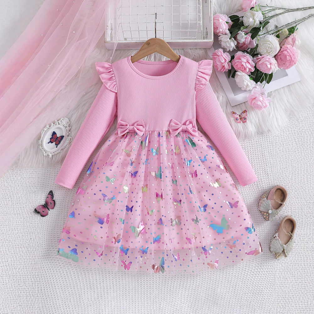new mesh girl's spring/autumn butterfly print puffy princess dress - long sleeve girls' dress