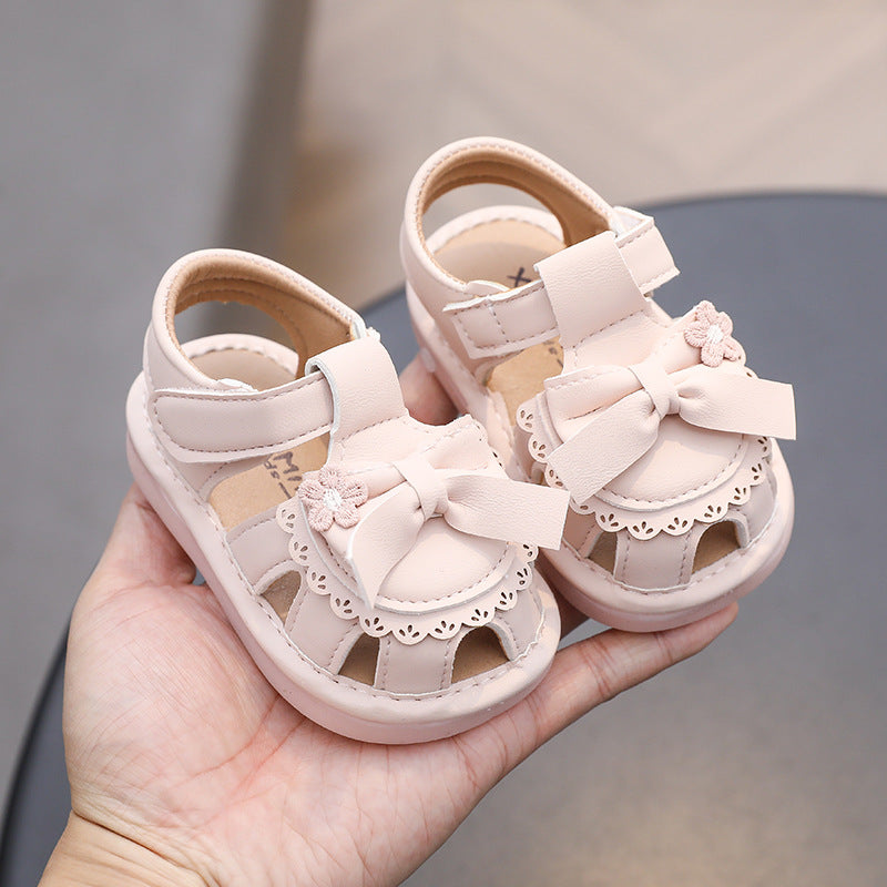 Baby girl's squeaky shoes, summer infant footwear, soft-soled first walking shoes, non-slip girls' princess shoes, leather shoes, 0-1 year old sandals