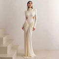 fashion  autumn new arrival women's pure colorlong sleeves high collarelegant silm pleated backless long dress