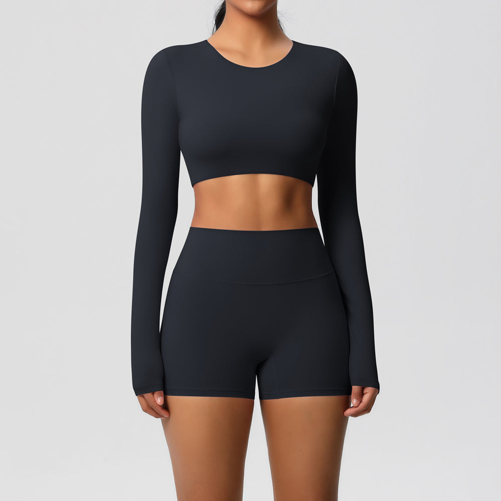 pure color double-sided brushed with chest pad tight-fitting yoga clothes long sleevessuit running sports fitness clothes two-piece set