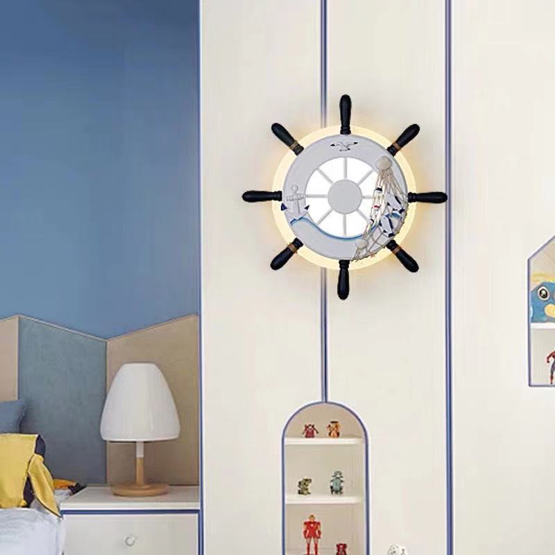 Mediterranean style wall lamp - ship's wheel design - solid wood - bedroom, living room, creative kids' room, stairway, hallway, balcony, bedside lighting