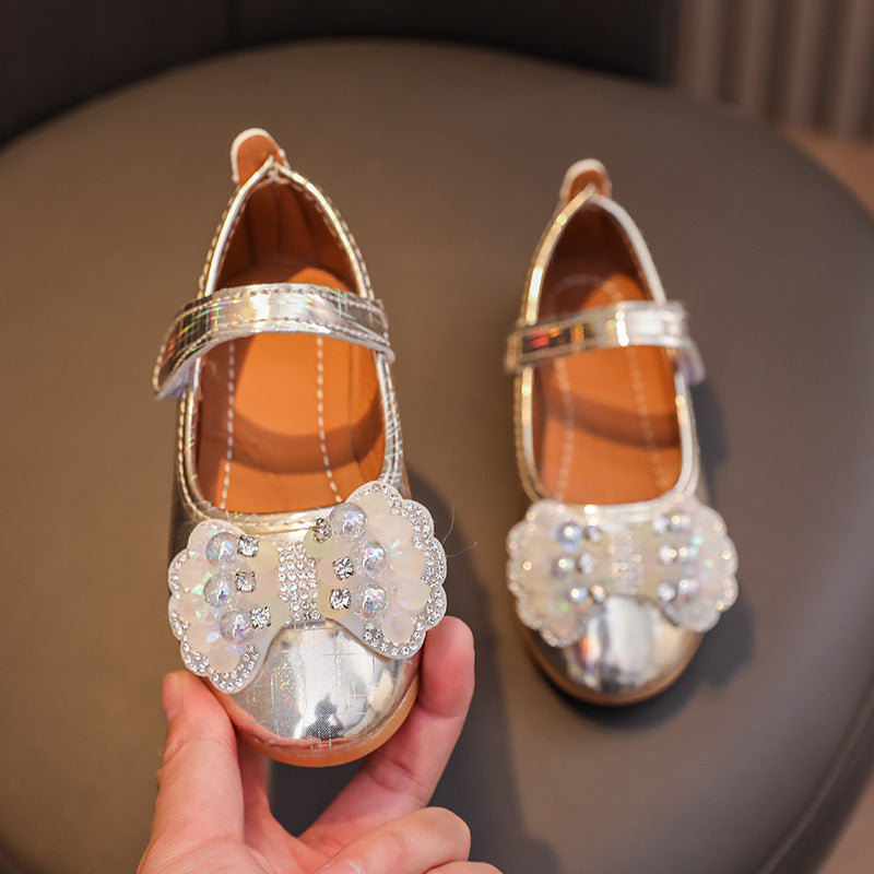 Girls'  spring new bowknot soft sole princess leather shoes for mid-to-large children - wholesale magic tape closure kids' shoes (direct from manufacturer)