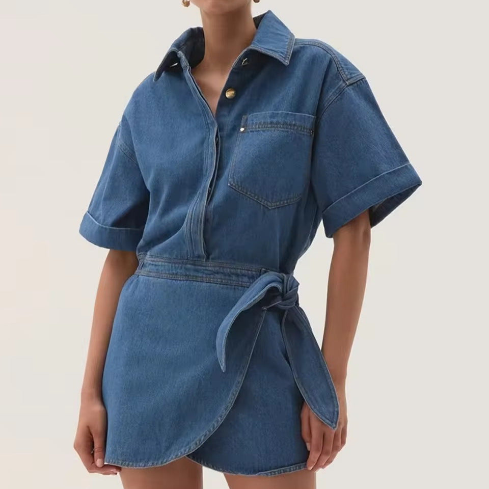 fashionretro short-sleeved denim dresssummerelegant waist dressfashioneasiest for match